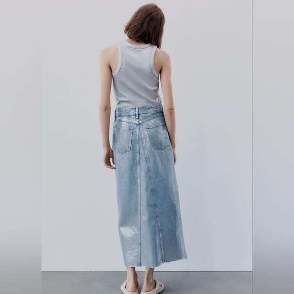 ZARA TRF Metallic Denim Asymmetric Skirt Light Blue Metallic Sizes XS, M, L, XL - Picture 5 of 8